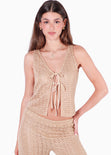 Blusa sin mangas con anudado en frente y abertura color dorado para mujer - Flashy