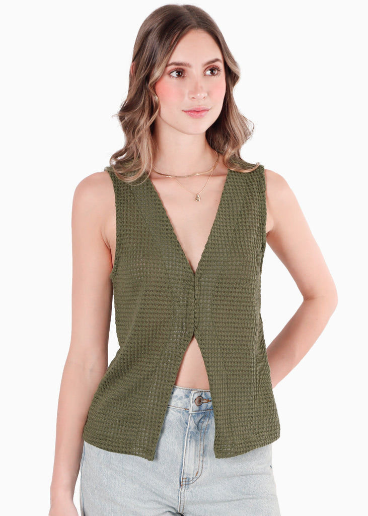 Blusa sin mangas con broches en frente y abertura color verde para mujer - Flashy