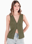 Blusa sin mangas con broches en frente y abertura color verde para mujer - Flashy