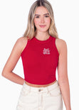 Blusa sin mangas con cuello halter y bordado "Self love club" color rojo para mujer - Flashy