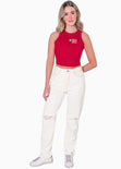 Blusa sin mangas con cuello halter y bordado "Self love club" color rojo para mujer - Flashy
