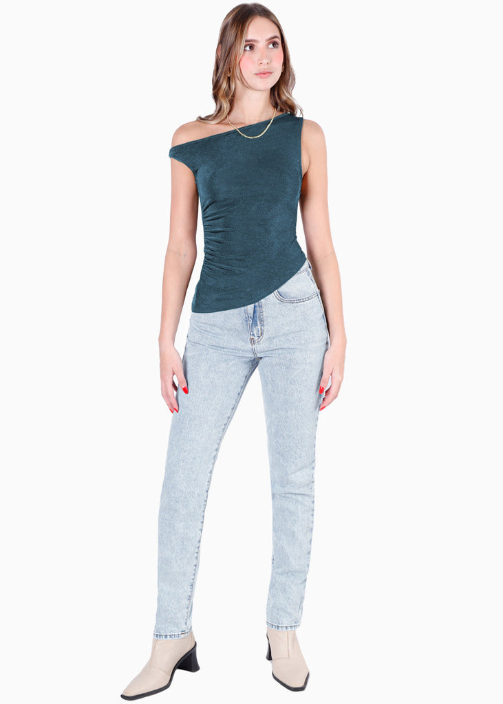 Blusa sin mangas con escote asimétrico color azul para mujer - Flashy