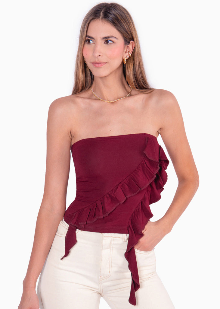 Blusa strapless con boleros color vino para mujer - Flashy