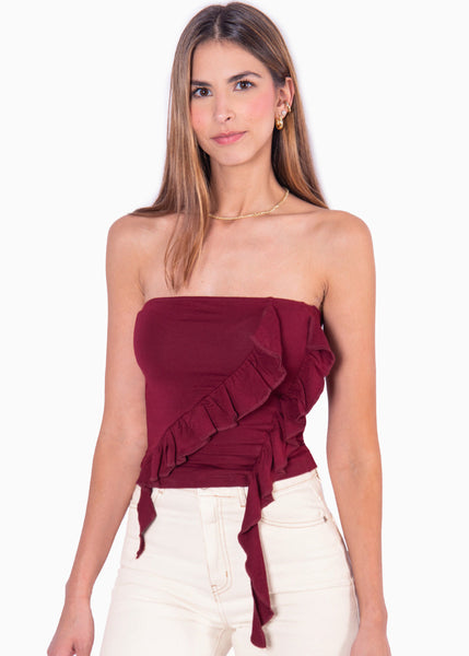 Blusa strapless con boleros color vino para mujer - Flashy
