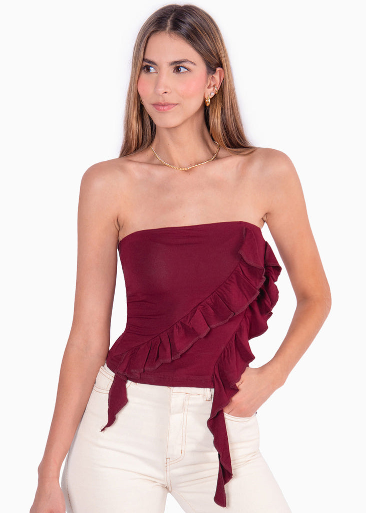 Blusa strapless con boleros color vino para mujer - Flashy