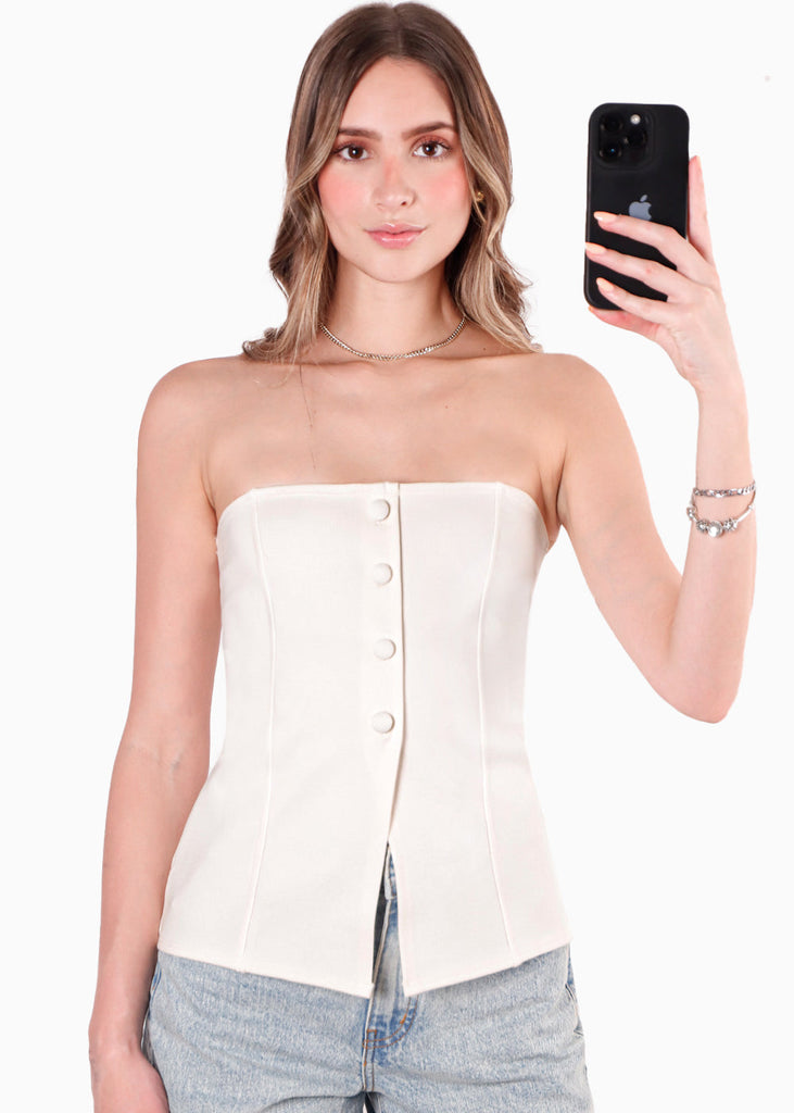 Blusa strapless con botones color blanco, marfil para mujer - Flashy
