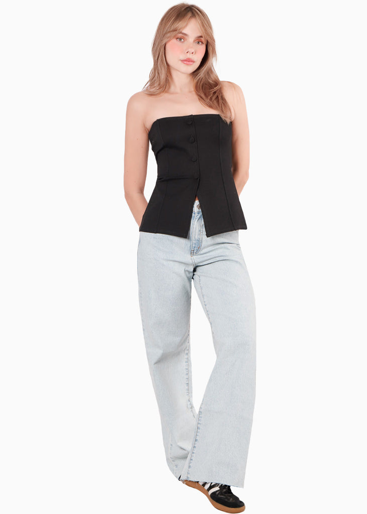 Blusa strapless con botones color negro para mujer - Flashy