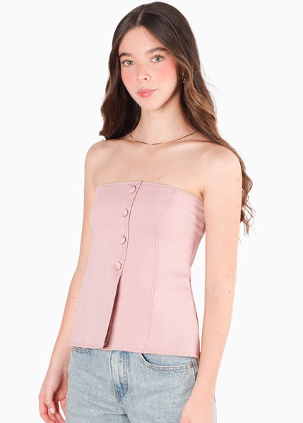 Blusa strapless con botones color rosado para mujer - Flashy