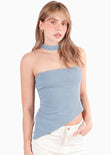 Blusa strapless con choker y abertura en costado color azul para mujer - Flashy