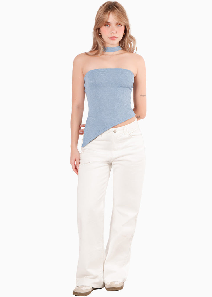Blusa strapless con choker y abertura en costado color azul para mujer - Flashy
