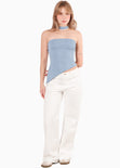 Blusa strapless con choker y abertura en costado color azul para mujer - Flashy
