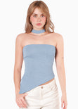 Blusa strapless con choker y abertura en costado color azul para mujer - Flashy