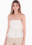 Blusa strapless con drapeado y vuelo color blanco, marfil para mujer - Flashy