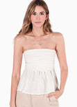 Blusa strapless con drapeado y vuelo color blanco, marfil para mujer - Flashy