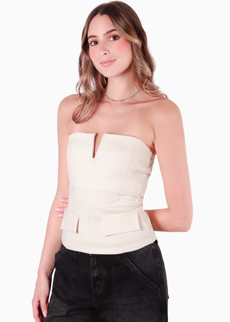 Blusa strapless con escote en v color blanco, marfil para mujer - Flashy