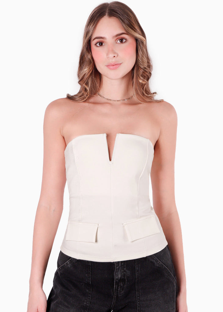 Blusa strapless con escote en v color blanco, marfil para mujer - Flashy