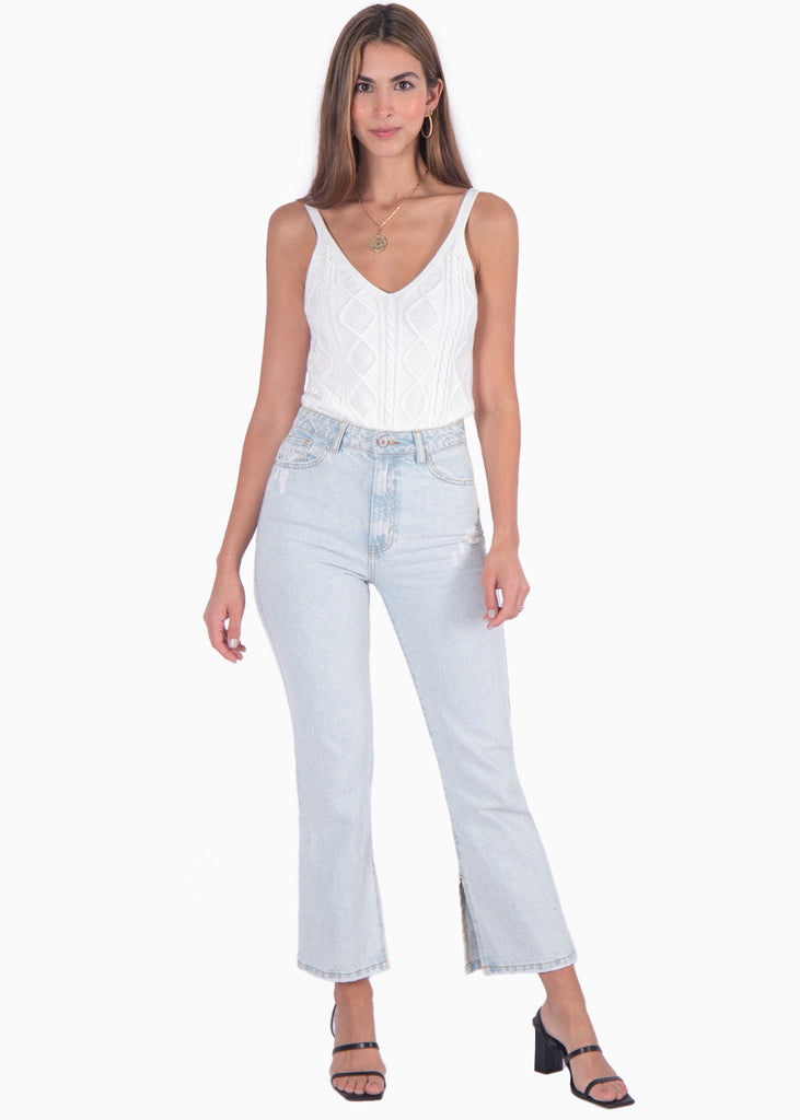 Blusa tejida de tiras con escote en v color blanco, marfil para mujer - Flashy