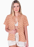 Blusa tejida manga corta y de botones color naranja para mujer - Flashy