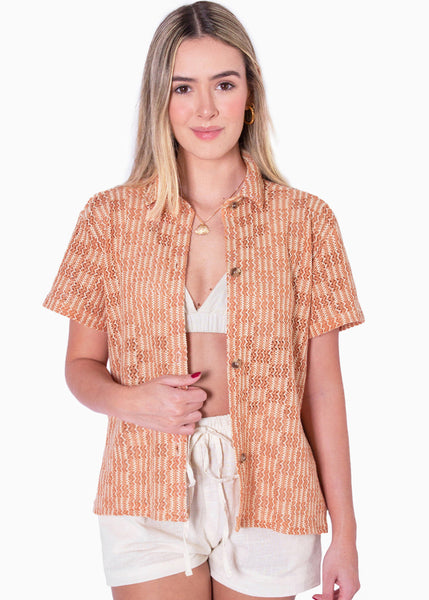 Blusa tejida manga corta y de botones color naranja para mujer - Flashy