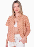 Blusa tejida manga corta y de botones color naranja para mujer - Flashy