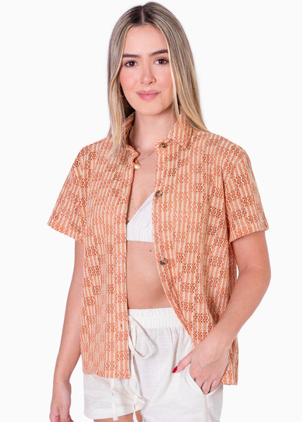 Blusa tejida manga corta y de botones color naranja para mujer - Flashy