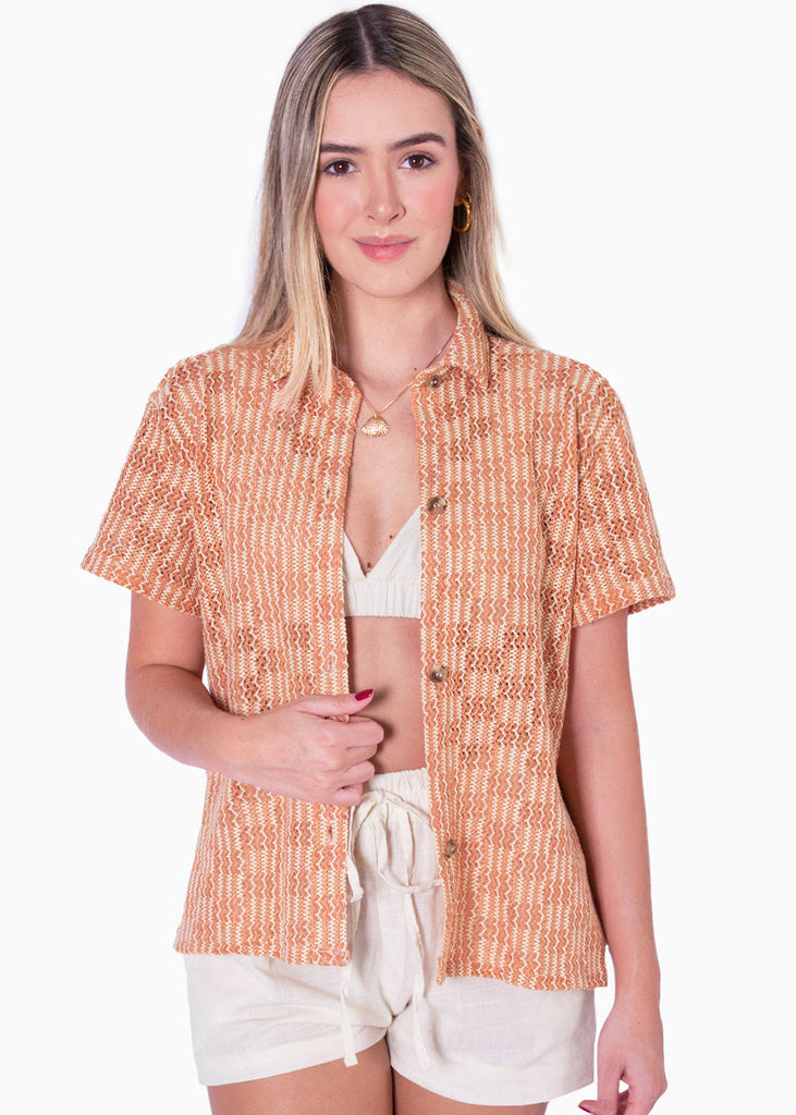 Blusa tejida manga corta y de botones color naranja para mujer - Flashy