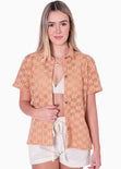 Blusa tejida manga corta y de botones color naranja para mujer - Flashy
