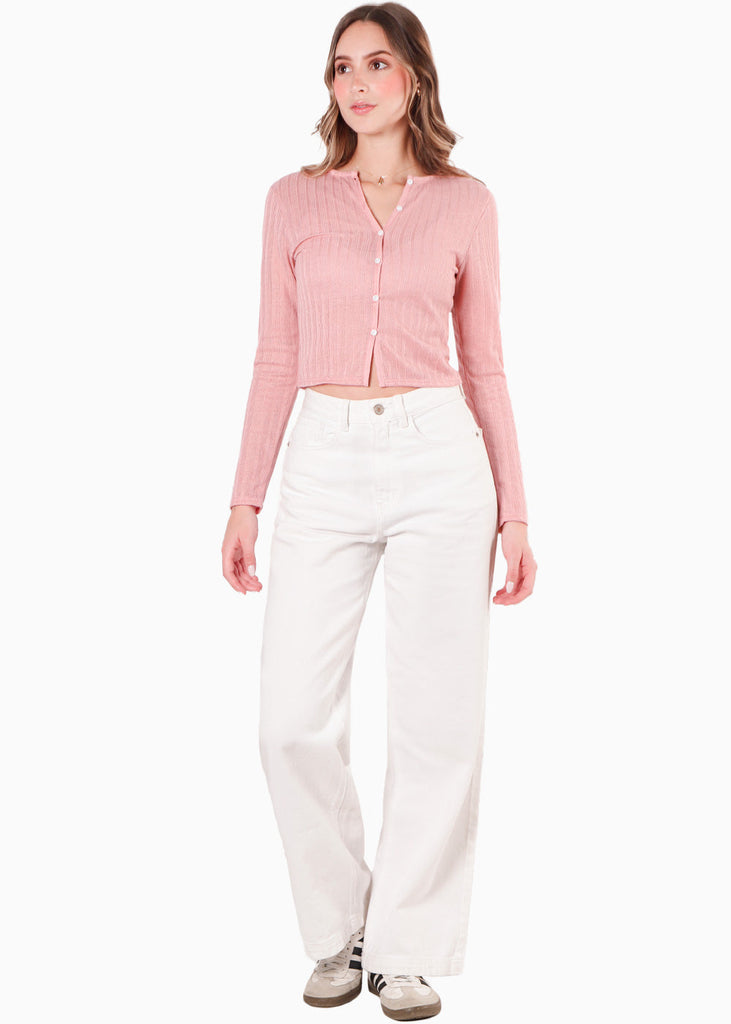 Blusa tipo cardigan con perilla y botones color rosado para mujer - Flashy