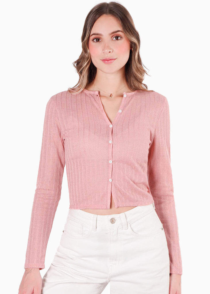 Blusa tipo cardigan con perilla y botones color rosado para mujer - Flashy