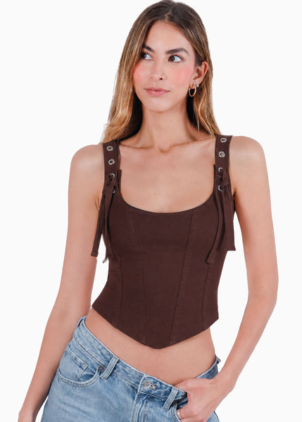 Blusa tipo corset con ojaletes en las cargaderas de color café- NERUDA