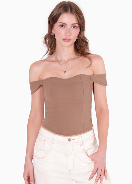 Blusa tipo corset y mangas caídas color café para mujer - Flashy