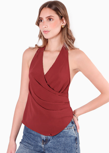 Blusa tipo halter con drapeado color negro para mujer - Flashy