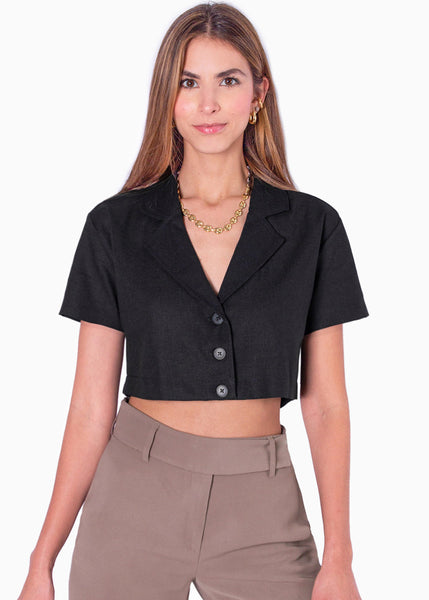 Blusa tipo sastre corto de lino manga corta con cuello y botones color negro para mujer - Flashy