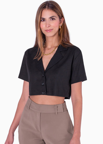 Blusa tipo sastre corto de lino manga corta con cuello y botones color negro para mujer - Flashy