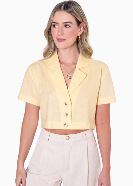 Blusa tipo sastre de lino manga corta con cuello y botones color amarillo para mujer - Flashy