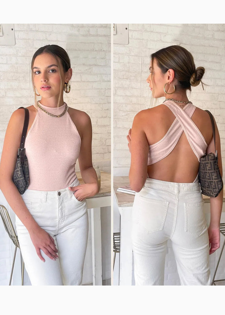Body con cuello halter y espalda descubierta color rosado para mujer - Flashy