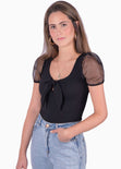 Body con escote anudado y mangas en organza color negro para mujer - Flashy