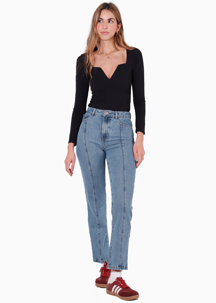 Body con escote en v y mangas largas color negro para mujer - Flashy