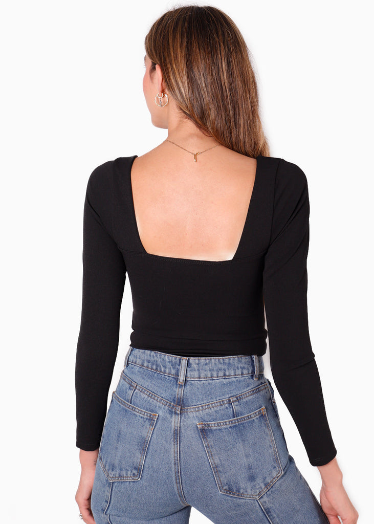 Body con escote en v y mangas largas color negro para mujer - Flashy