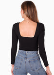 Body con escote en v y mangas largas color negro para mujer - Flashy