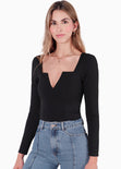 Body con escote en v y mangas largas color negro para mujer - Flashy