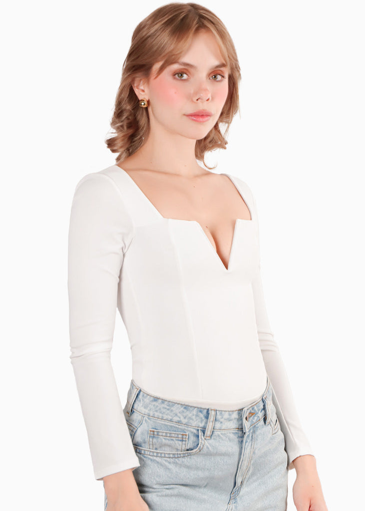 Body con escote en v y mangas largas color blanco, marfil para mujer - Flashy