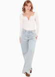 Body con escote en v y mangas largas color blanco, marfil para mujer - Flashy
