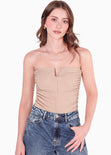 Body con varilla cuadrada en escote y drapeado en costados color café para mujer - Flashy