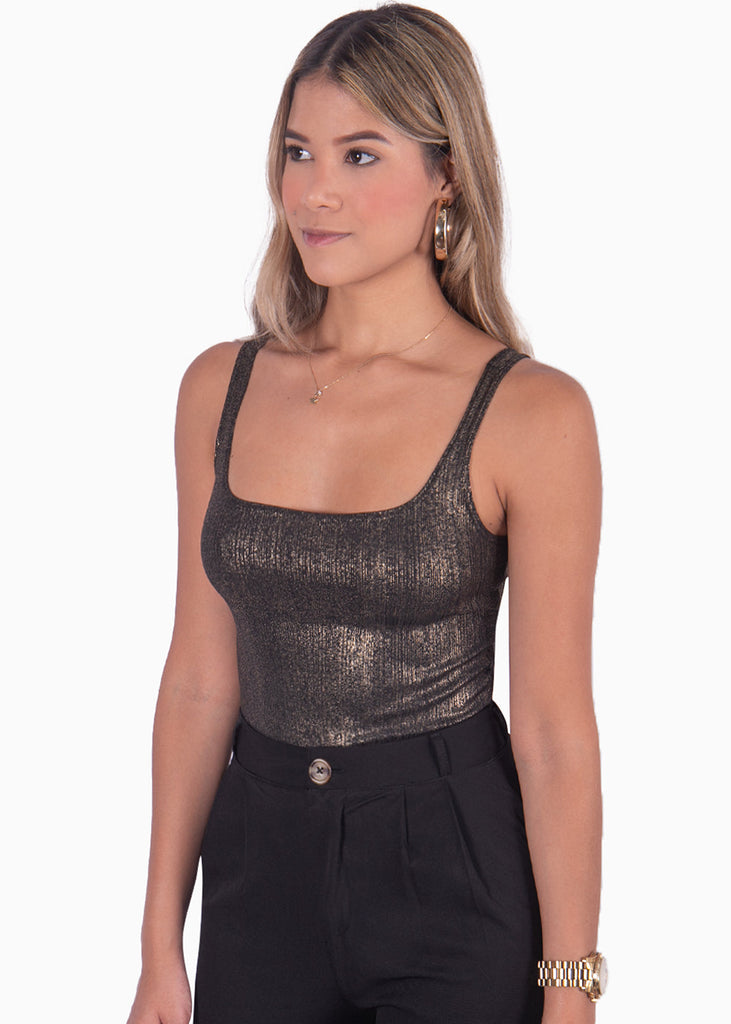 Body de tiras con escote cuadrado y abertura en espalda color negro para mujer - Flashy