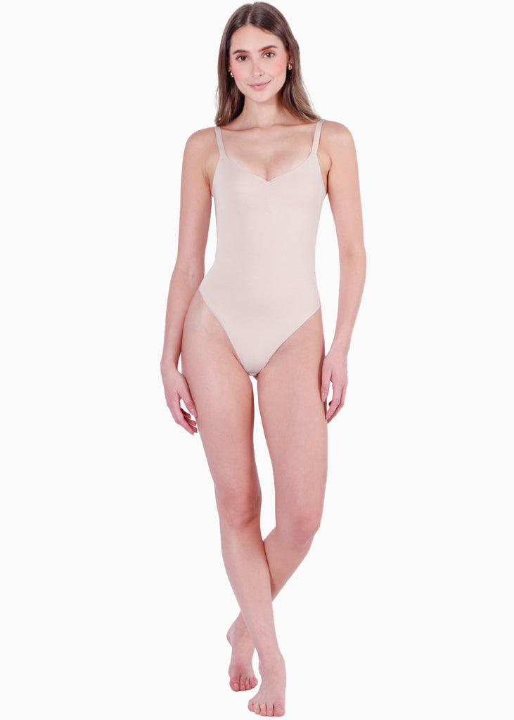 Body de tiras moldeador con control de abdomen color beige para mujer - Flashy