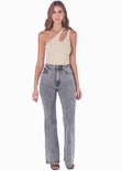 Body de un solo hombro con abertura en cargadera color beige para mujer - Flashy