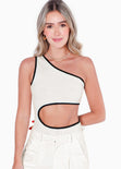 Body de un solo hombro con sesgos y abertura en costado color blanco, marfil para mujer - Flashy