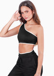 Body de un solo hombro con sesgos y abertura en costado color blanco, negro para mujer - Flashy