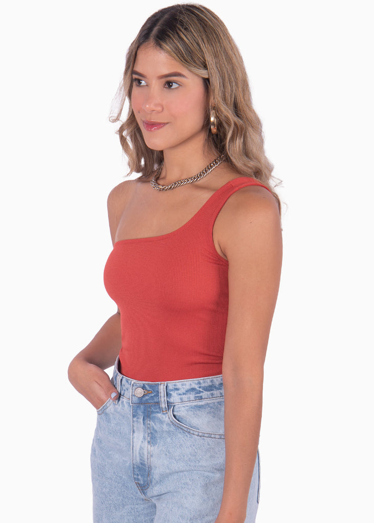 Body de un solo hombro color terracota para mujer - Flashy